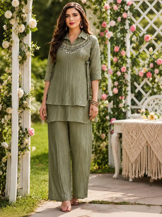 Olive Green Pleated Co-Ord Set for Women | Embellished Tunic & Wide-Leg Trousers