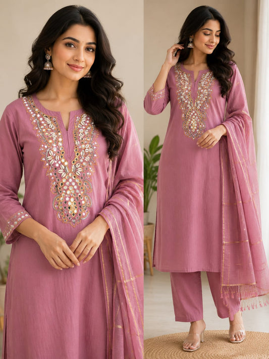 Women's Purple Mul Chanderi Designer Co-ord Set with Hand Embellished Mirror & Cowrie Work
