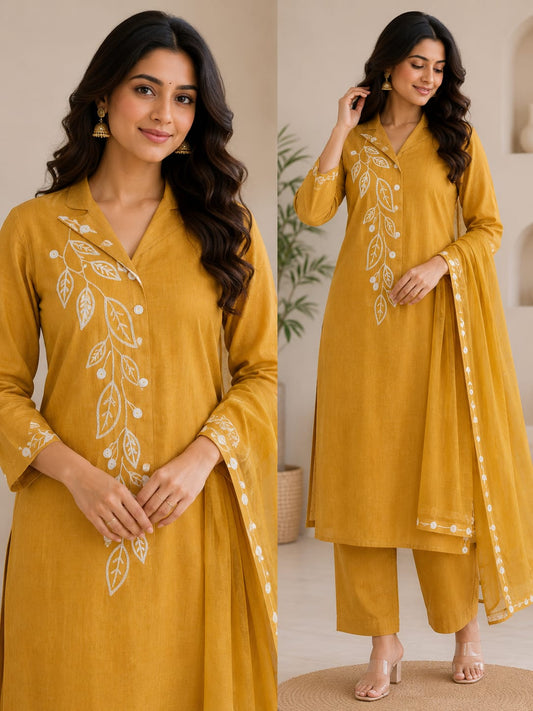 Mustard Yellow Embroidered Kurta Pant Set with Dupatta | Jukarsh