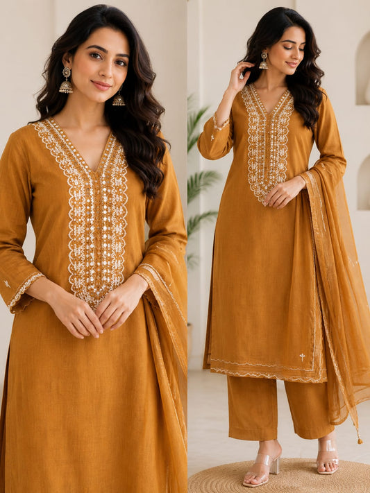 V-Neckline mustard yellow kurti set