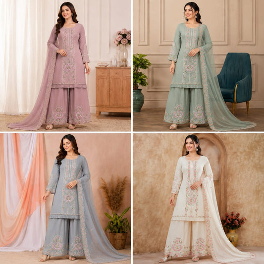 Embroidered Georgette Sharara Suit Set with Dupatta