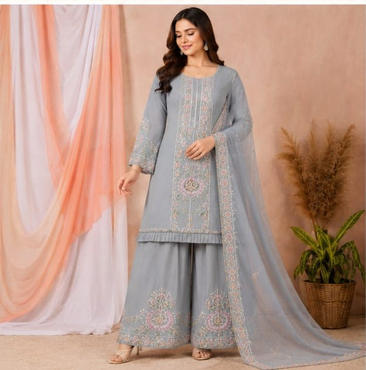 Embroidered Georgette Sharara Suit Set with Dupatta