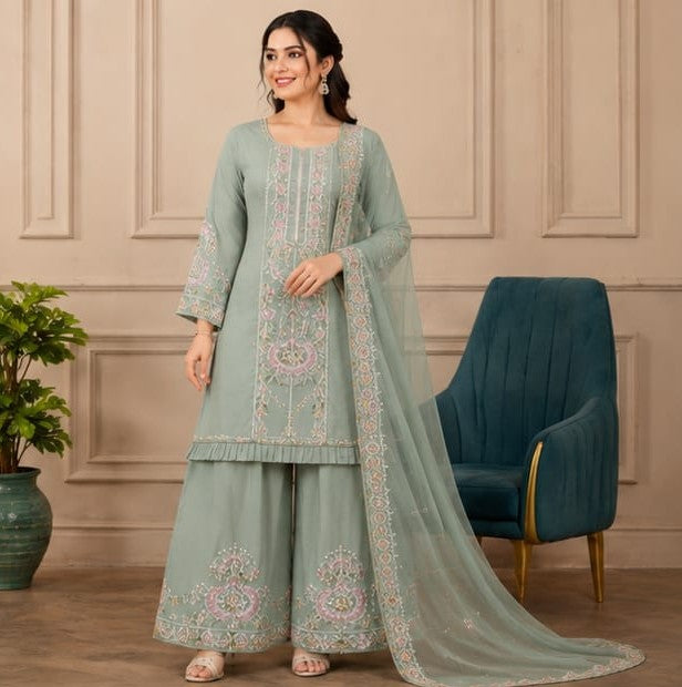 Embroidered Georgette Sharara Suit Set with Dupatta
