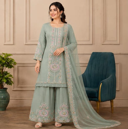 Embroidered Georgette Sharara Suit Set with Dupatta