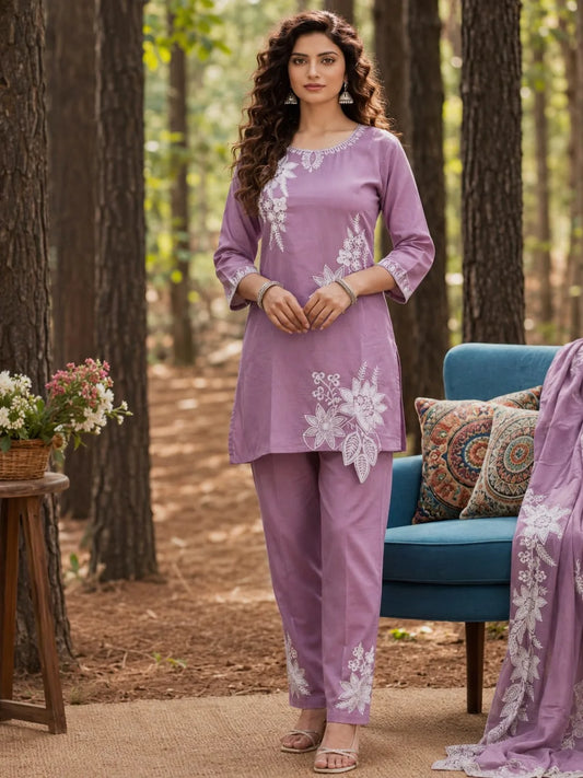 Lilac Embroidered Tunic & Trousers Co-Ord Set for Women | Floral Thread Work