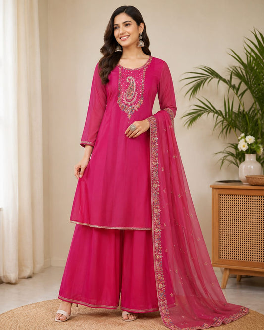 Fuchsia Pink Embroidered Kurta Sharara Set with Dupatta for Women