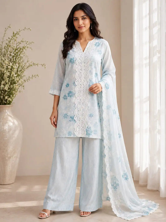 Floral Printed Chanderi cotton A-Line Kurta with Wide-Leg Trousers & Dupatta Set