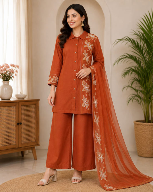 Rust Floral Embroidered Co-Ord Set for Women with Palazzo | Designer Ethnic Wear