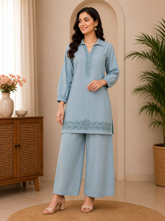 Elegant Blush Pink Embroidered Co-Ord Set for Women | Premium Casual & Festive Wear