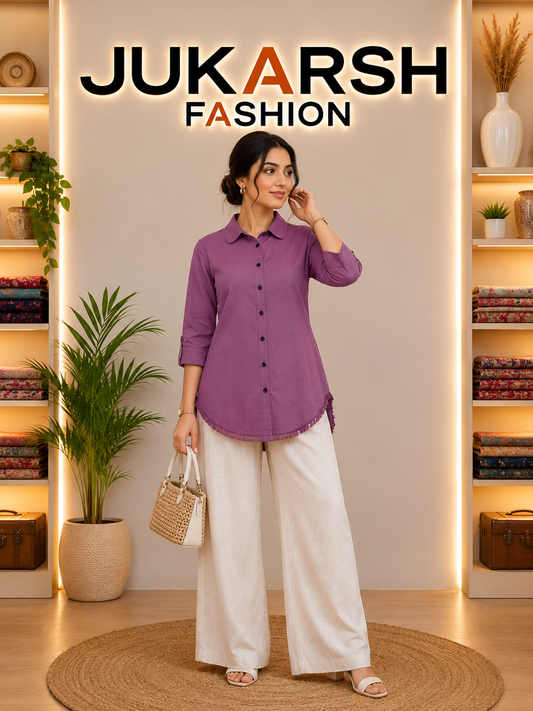 Woman in a purple shirt and white pants standing in a well-lit room with shelves and plants, featuring Jukarsh Fashion branding.