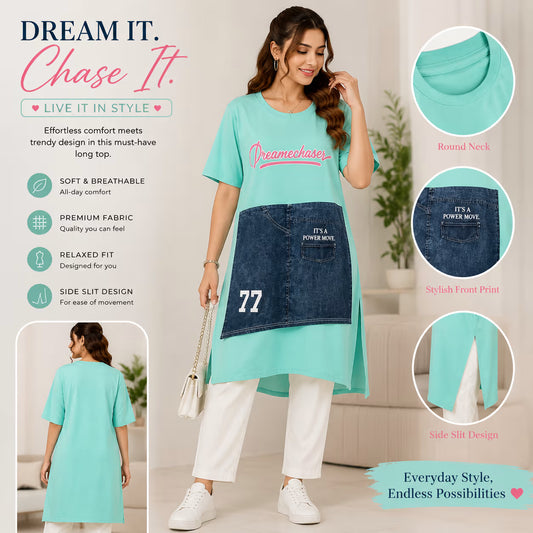 A woman models a mint green tunic top with a large dark blue denim front pocket and white pants in a bright indoor setting. The image includes marketing text, feature callouts, and circular detail insets showing the neck, front print, and side slit design.