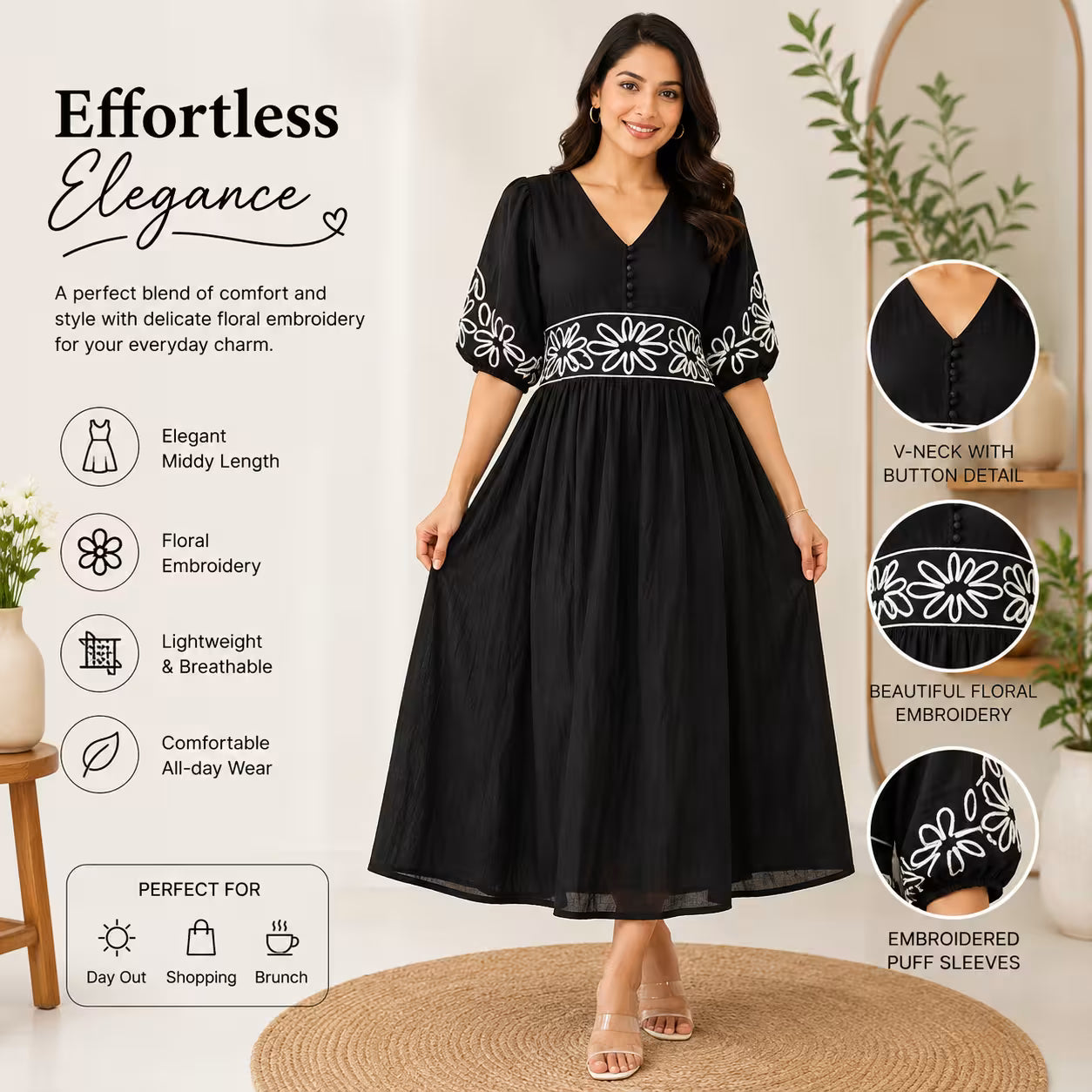 Jukarsh Fashion Women's  Floral Embroidered Midi Dress