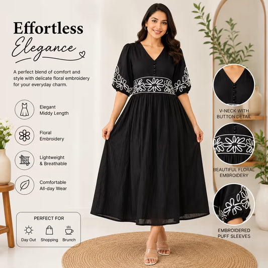 Jukarsh Fashion Women's  Floral Embroidered Midi Dress