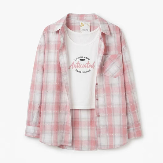 Women's Pink Checked Overshirt with Printed Inner Top Co-Ord Set