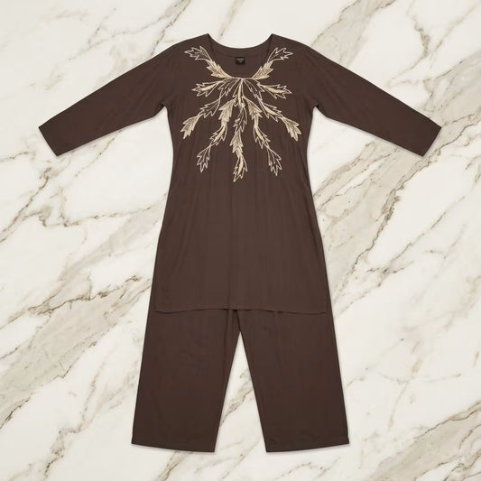 Women's Brown Embroidered Kurta Pant Set | Premium Ethnic Co-Ord Set