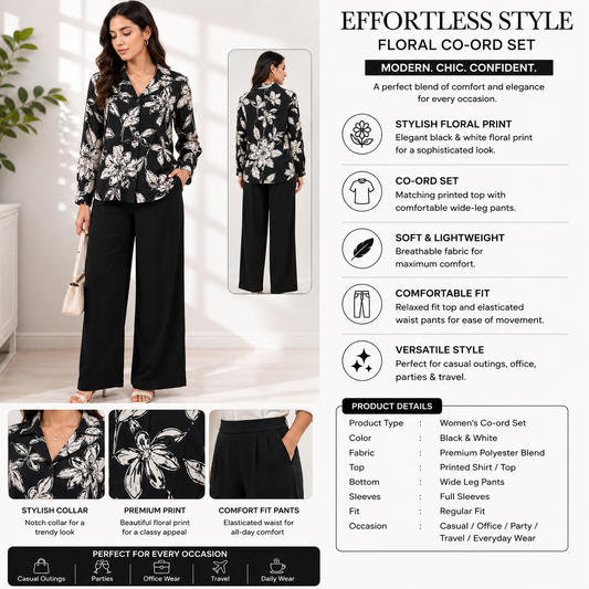 A promotional composite for a women's co-ord set showing a model wearing a black floral top and black wide-leg pants, with text callouts and feature panels. The set is presented as a coordinated outfit in a clean marketing layout rather than a plain studio product shot.