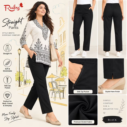 A promotional collage for black straight-leg pants. The left side shows a woman modeling the pants with a white embroidered top, with text reading 'Ruby Straight Pants' and feature icons.