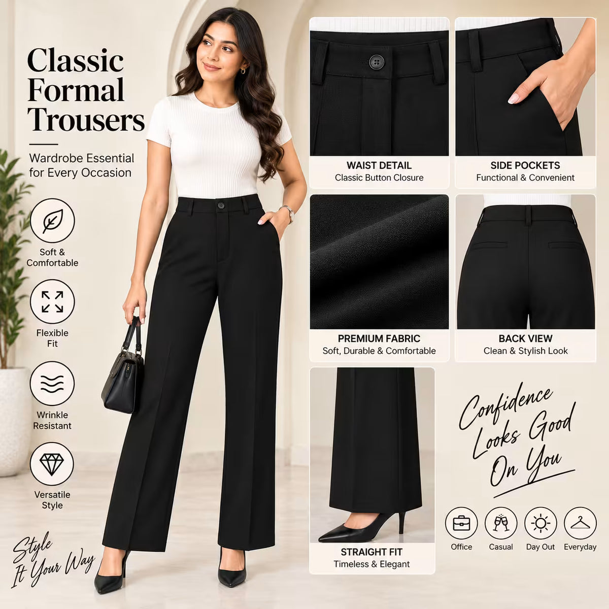 A woman modeling black wide-leg trousers with a white top and black heels, shown alongside close-up feature panels of the pants. The image includes text highlighting features such as waist detail, side pockets, fabric quality, back view, and fit, on a clean white background.