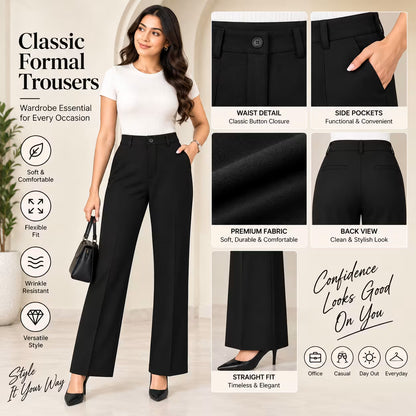 A woman modeling black wide-leg trousers with a white top and black heels, shown alongside close-up feature panels of the pants. The image includes text highlighting features such as waist detail, side pockets, fabric quality, back view, and fit, on a clean white background.