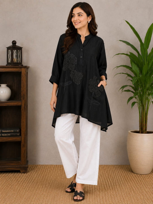 Women's Black Floral Embroidered A-Line Cotton Top