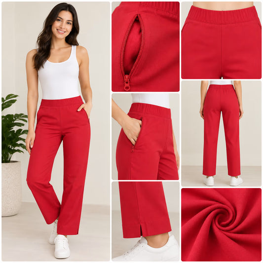A collage showing a woman modeling bright red cropped pants, with close-up detail panels of the zipper pocket, waistband, side pocket, back view, hem, and fabric texture. She wears a white tank top and white sneakers in a clean indoor setting.