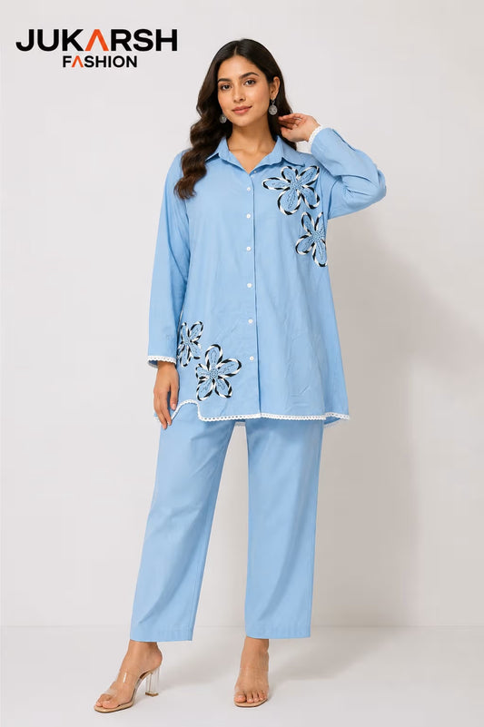 Jukarsh Fashion Women's Sky Blue Floral Appliqué Co-Ord Set
