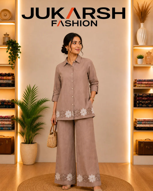 Women's Taupe Floral Embroidered Shirt & Wide-Leg Trouser Co-Ord Set