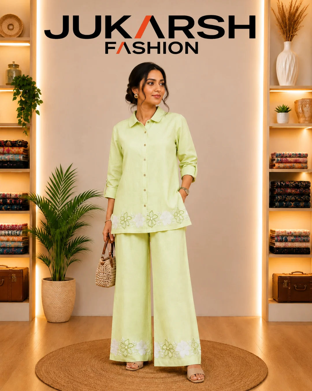 Women's Taupe Floral Embroidered Shirt & Wide-Leg Trouser Co-Ord Set