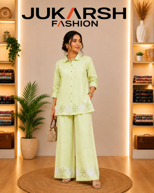 Women's Taupe Floral Embroidered Shirt & Wide-Leg Trouser Co-Ord Set