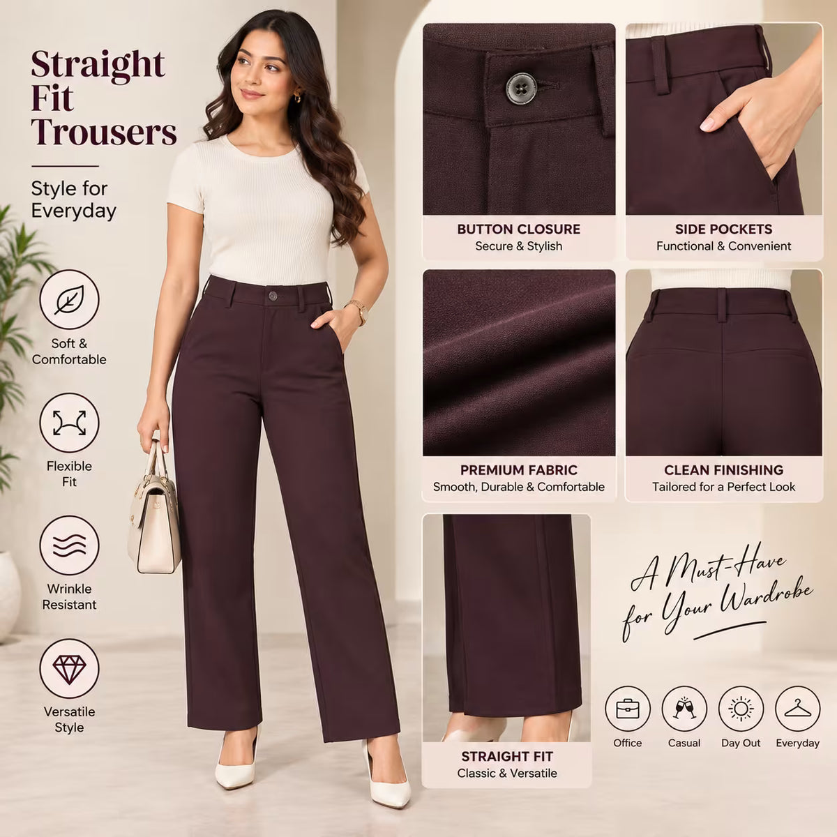 A promotional product image for straight-fit trousers. A woman models dark plum-colored wide-leg trousers on the left, while the right side features four close-up detail panels highlighting button closure, side pockets, premium fabric, and clean finishing.