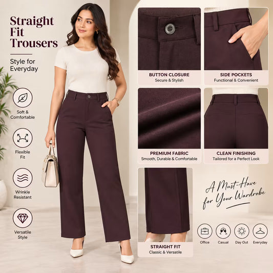 A promotional product image for straight-fit trousers. A woman models dark plum-colored wide-leg trousers on the left, while the right side features four close-up detail panels highlighting button closure, side pockets, premium fabric, and clean finishing.