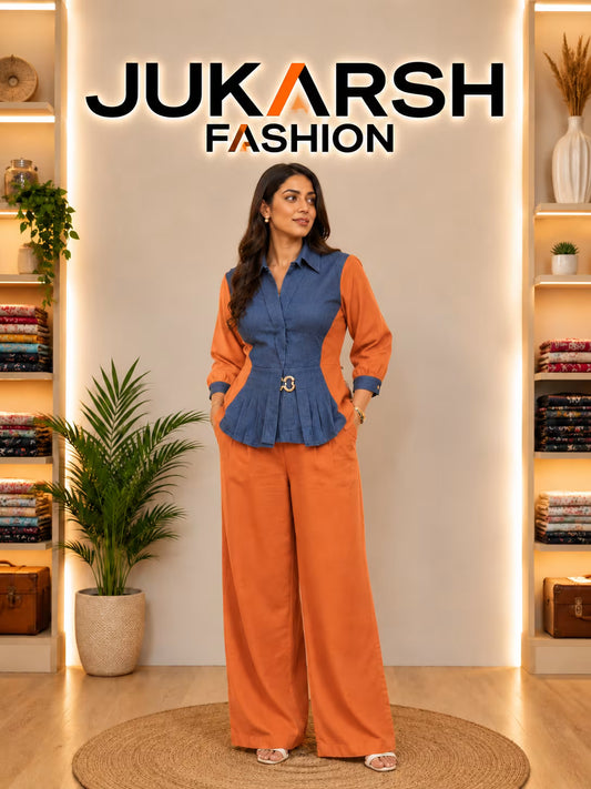 Denim Look Co-Ord Set for Women – Blue Tailored Top & Wide-Leg Trousers