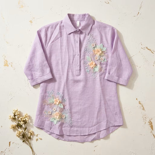 Women's Floral Embroidered Collared Cotton Blend Shirt Top