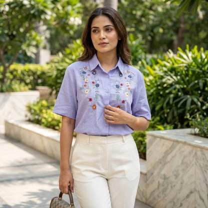 Women's Lavender Floral Embroidered Half Sleeve Shirt