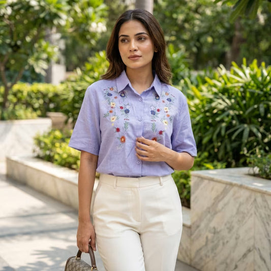 Women's Lavender Floral Embroidered Half Sleeve Shirt