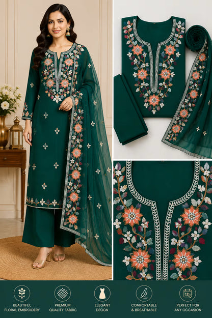 Unstiched Emerald Floral Embroidered Roman Silk Suit Set with Dupatta