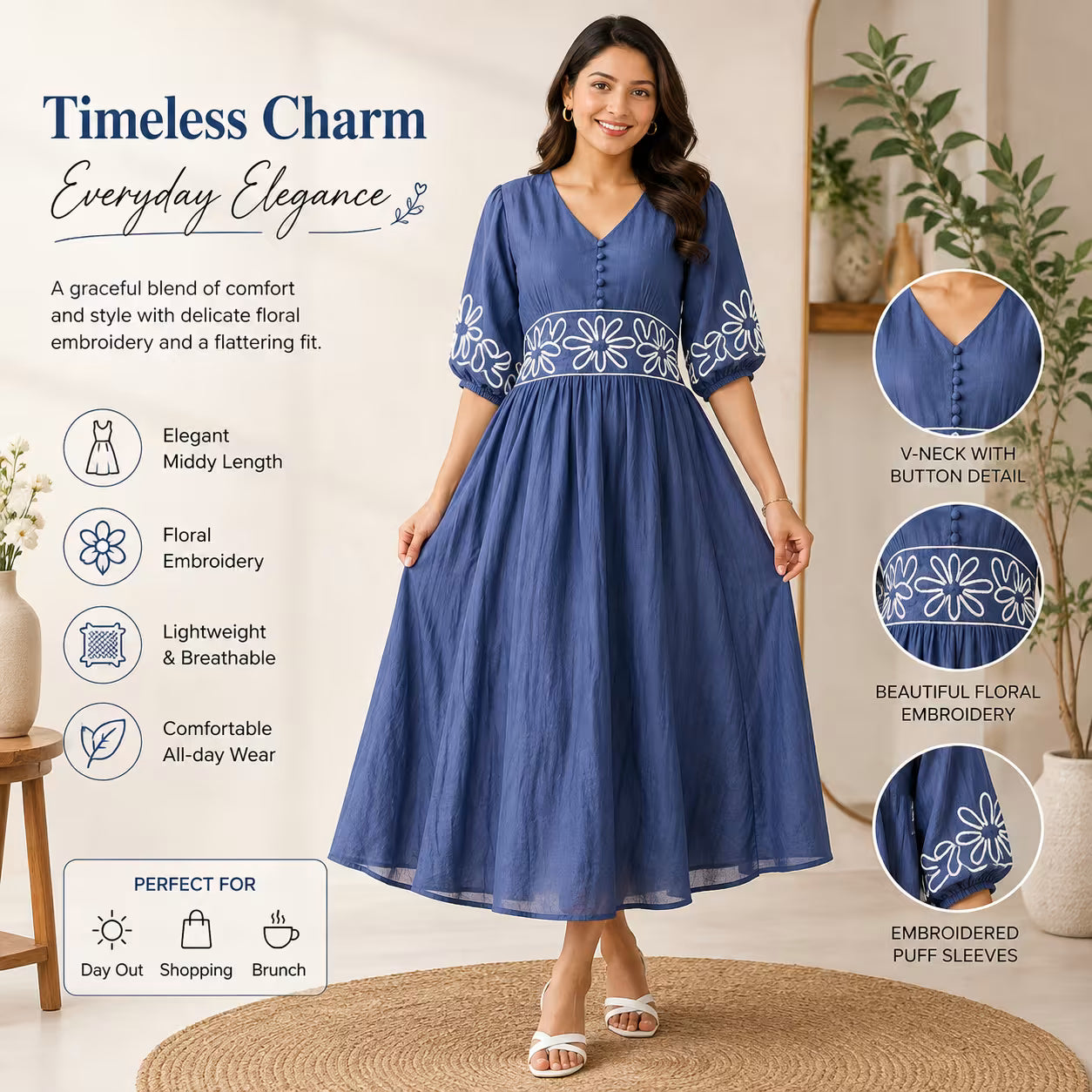 Jukarsh Fashion Women's  Floral Embroidered Midi Dress