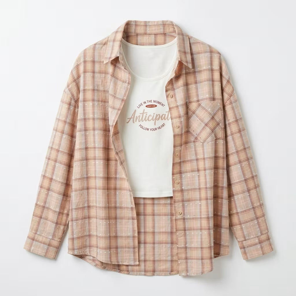 Women's Pink Checked Overshirt with Printed Inner Top Co-Ord Set