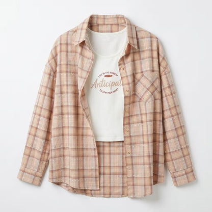 Women's Pink Checked Overshirt with Printed Inner Top Co-Ord Set