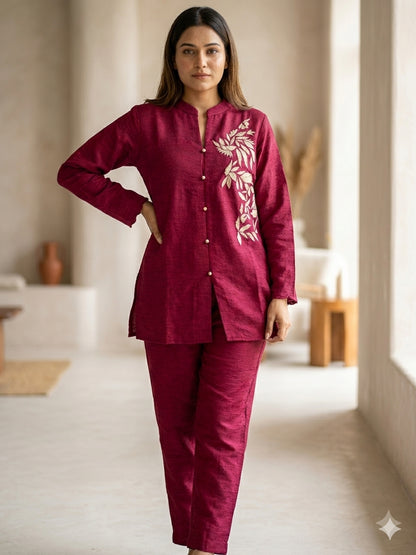 Plum Wine Embroidered Co-ord Set | Mandarin Collar Kurta & Straight Pants