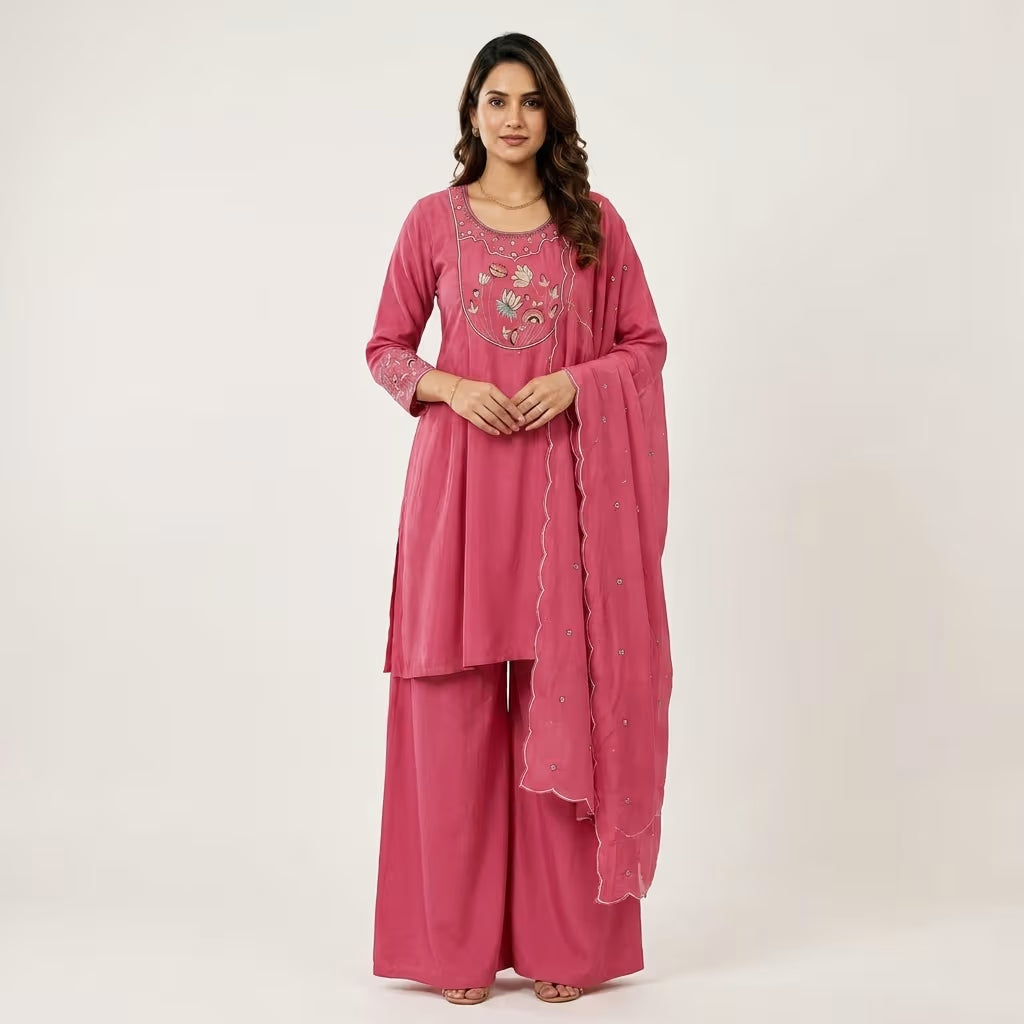 A woman modeling a pink traditional Indian outfit with a matching dupatta, featuring embroidered details on the chest and sleeves, set against a plain light background. Jukarsh Fashion