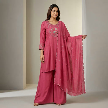 Roman Silk Sleeve Work Kurti with Divider Palazzo Set (M-XXL)