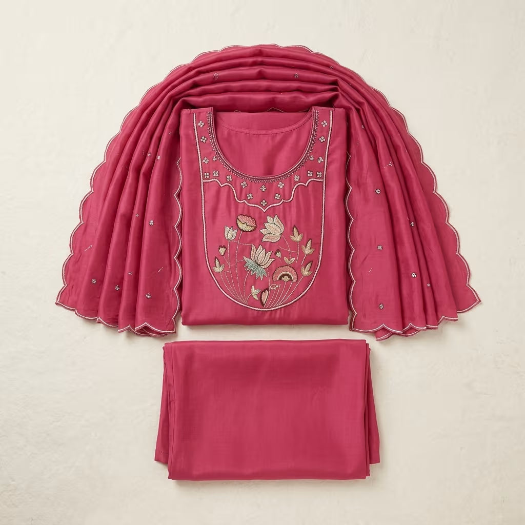Roman Silk Sleeve Work Kurti with Divider Palazzo Set (M-XXL)
