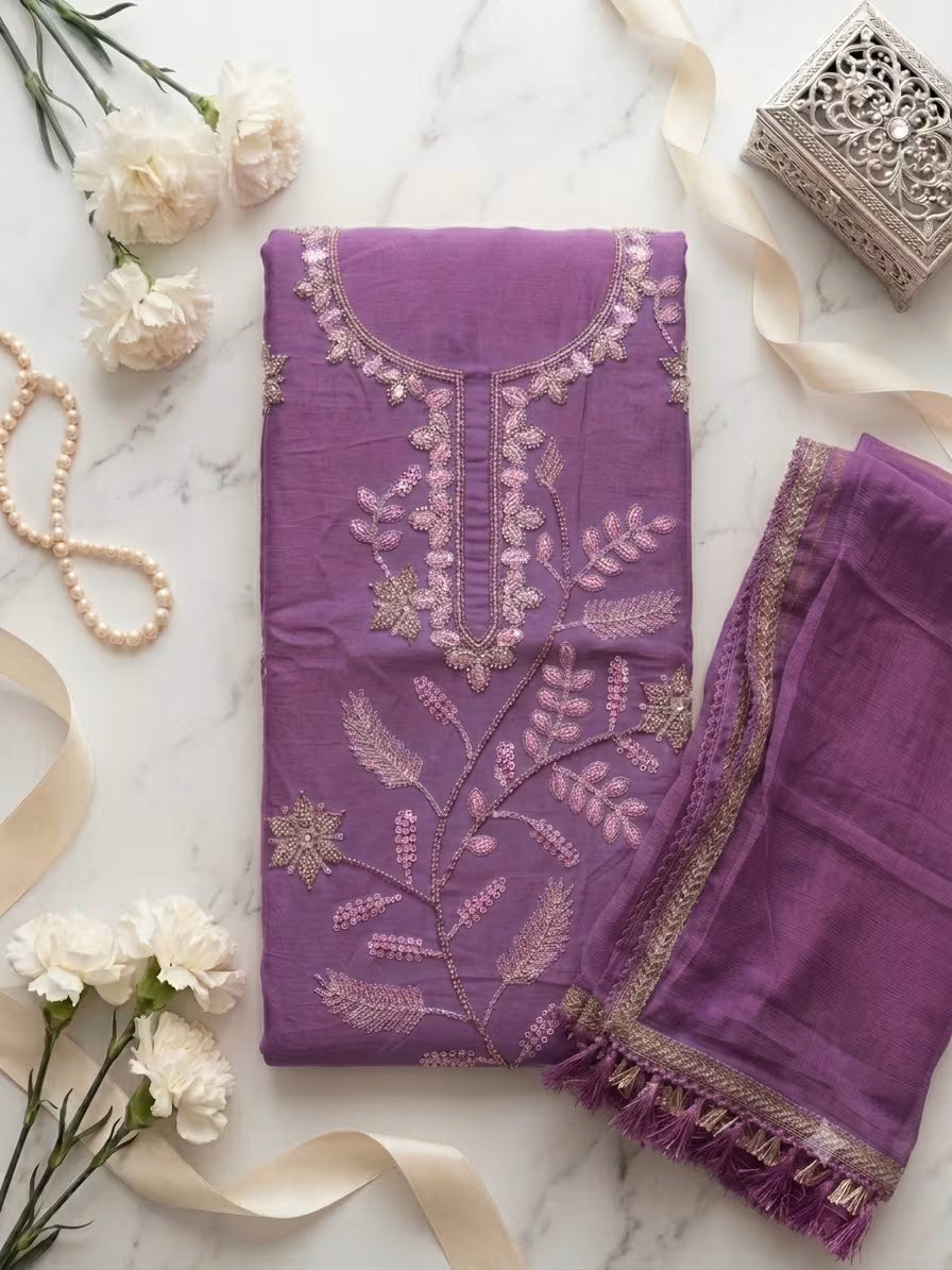 Lakhoji All Over Hand Work Unstitched Suit with Naznin Dupatta