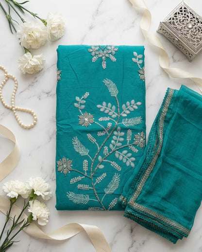 Lakhoji All Over Hand Work Unstitched Suit with Naznin Dupatta