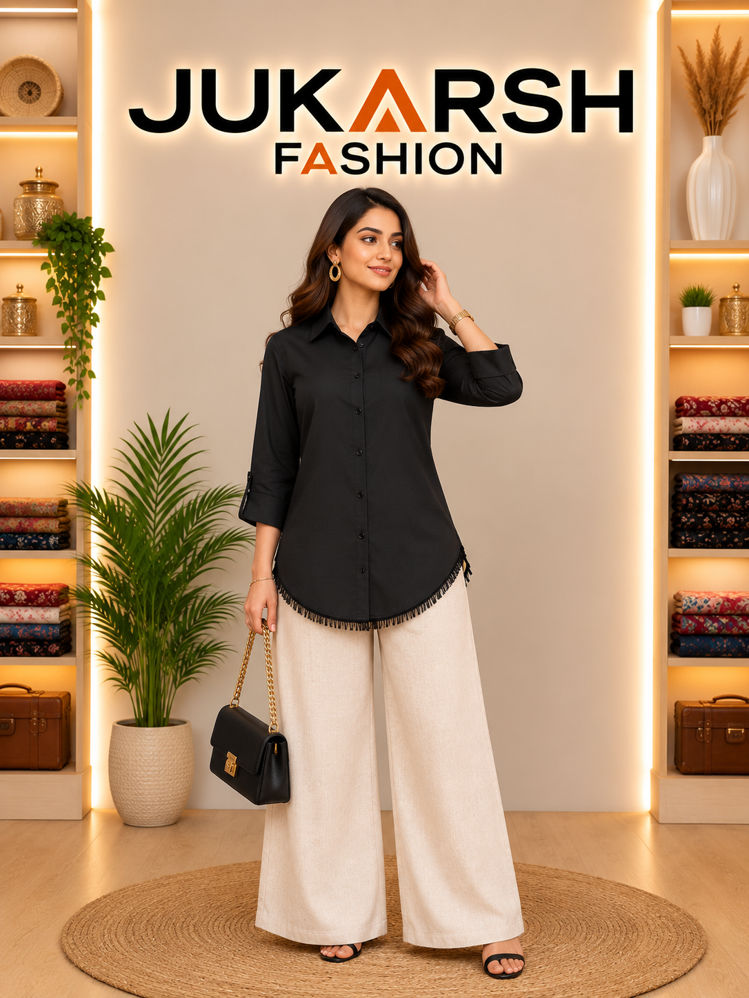 Woman in black shirt and white pants posing in front of a Jukarsh Fashion store.