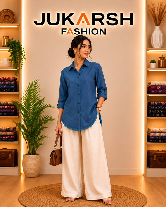 Woman in a blue shirt and white pants standing in front of a Jukarsh Fashion store.