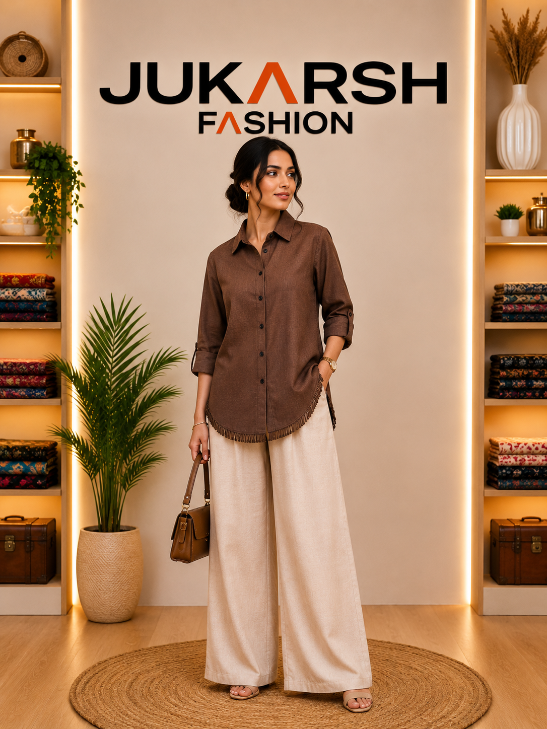 Woman in brown shirt and white pants standing in front of a Jukarsh Fashion branded wall.