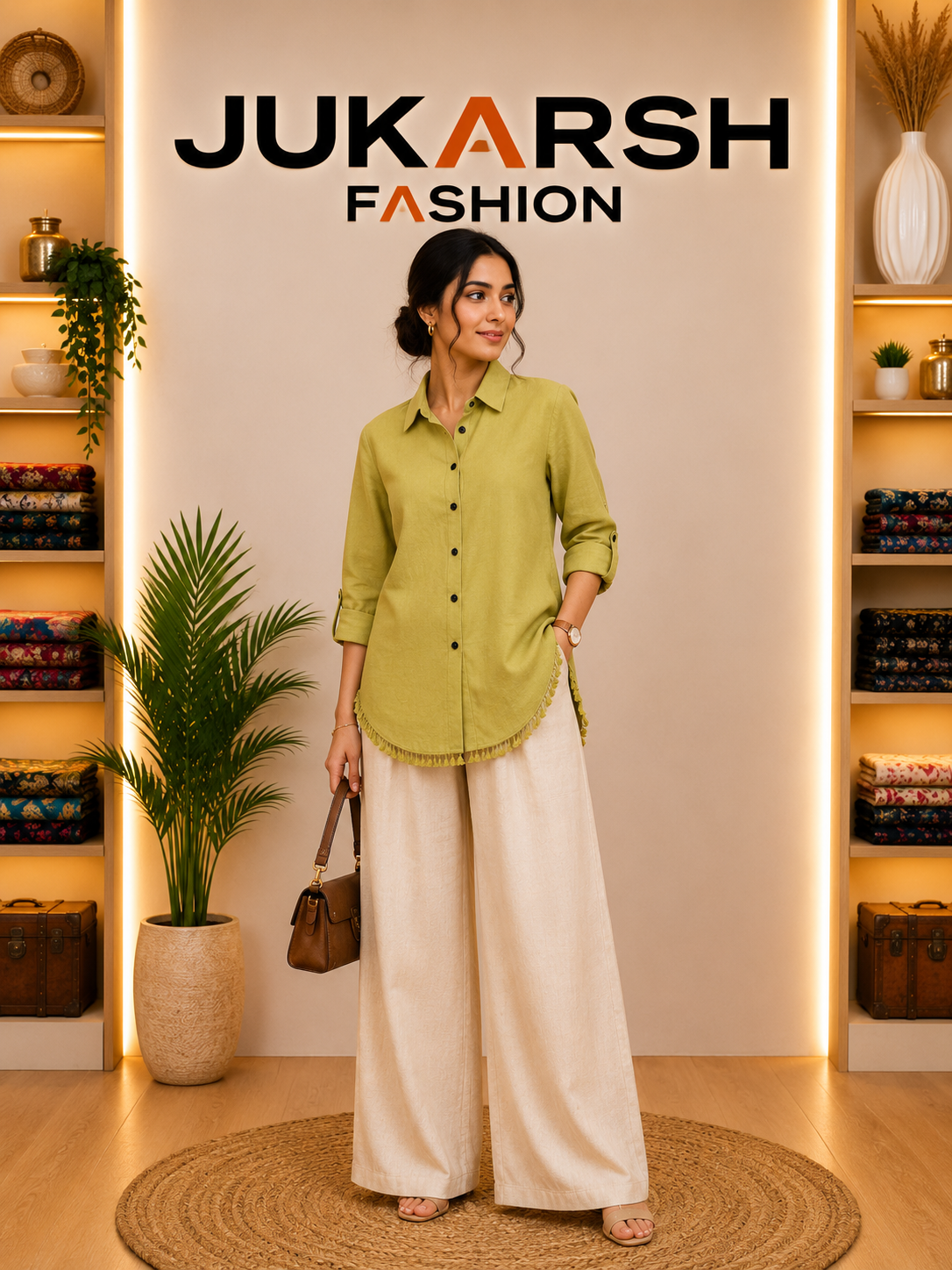 Woman in a green shirt and white pants standing in front of a Jukarsh Fashion display.