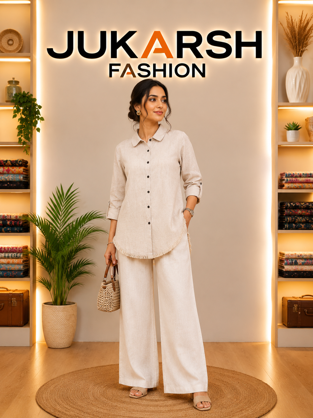 Woman in a white outfit standing in front of a 'Jukarsh Fashion' branded wall.